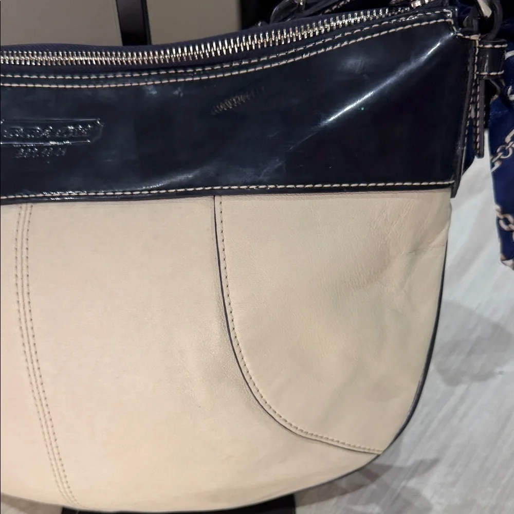 Coach Beige and Patent Dark Navy Shoulder Bag